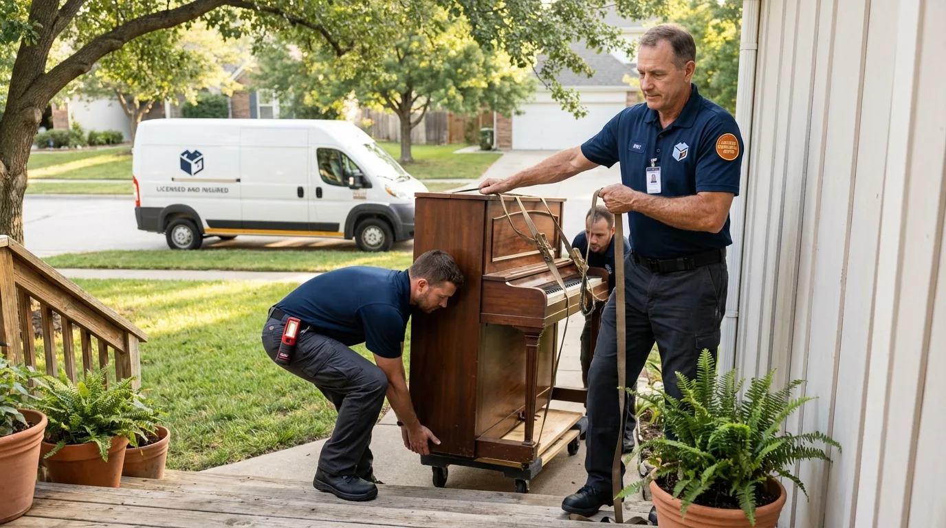 Licensed piano movers securing grand piano in Burnham, PA