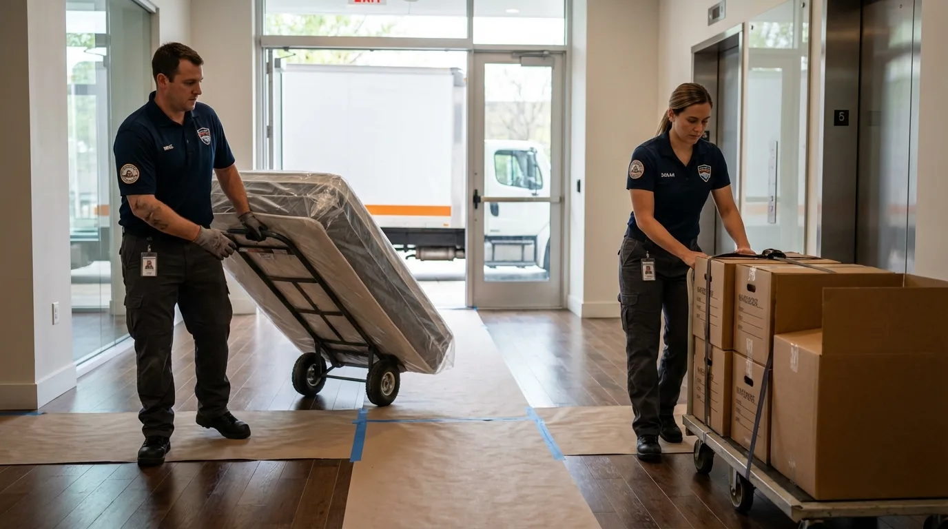 Professional apartment movers loading elevator in Burnham, PA