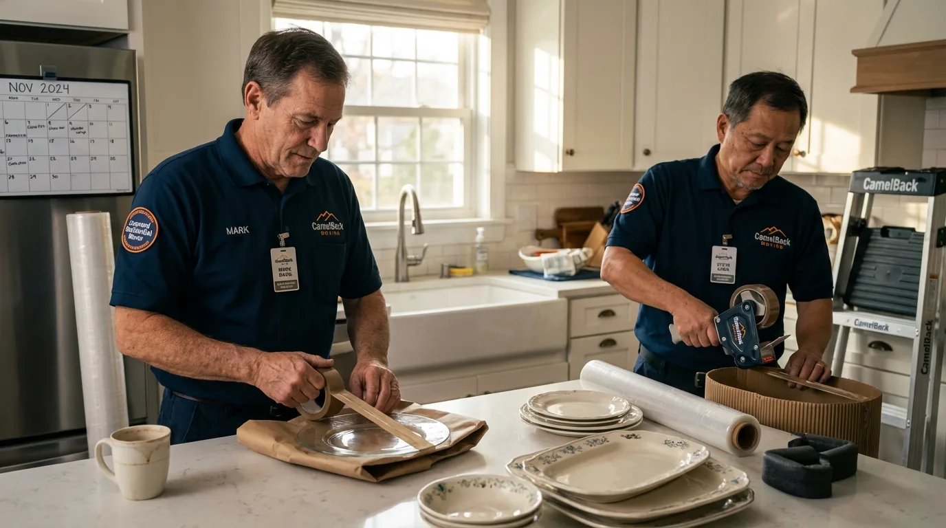 Professional crew packing kitchen dishware in Burnham, PA